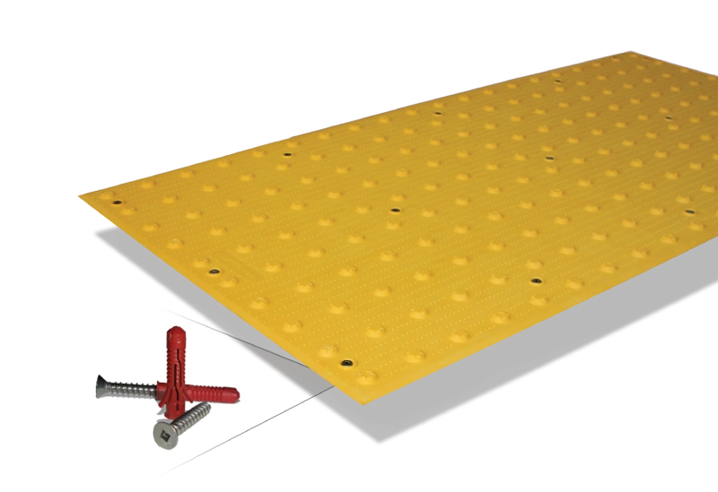 Durable tactile warning tile with raised truncated domes for pedestrian safety.