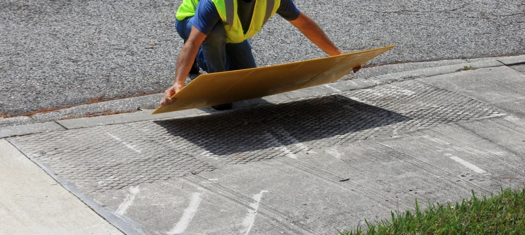 Construction worker in orange shirt kneeling to install yellow tactile paving with raised domes, aligning surface using a spirit level on fresh concrete sidewalk.